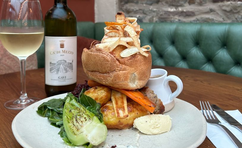 Roast dinner and glass of wine at Lock Keeper, credit Young's 